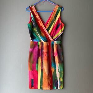 Leslie Fay sz 6 multicolor abstract faux wrap sheath‎ dress